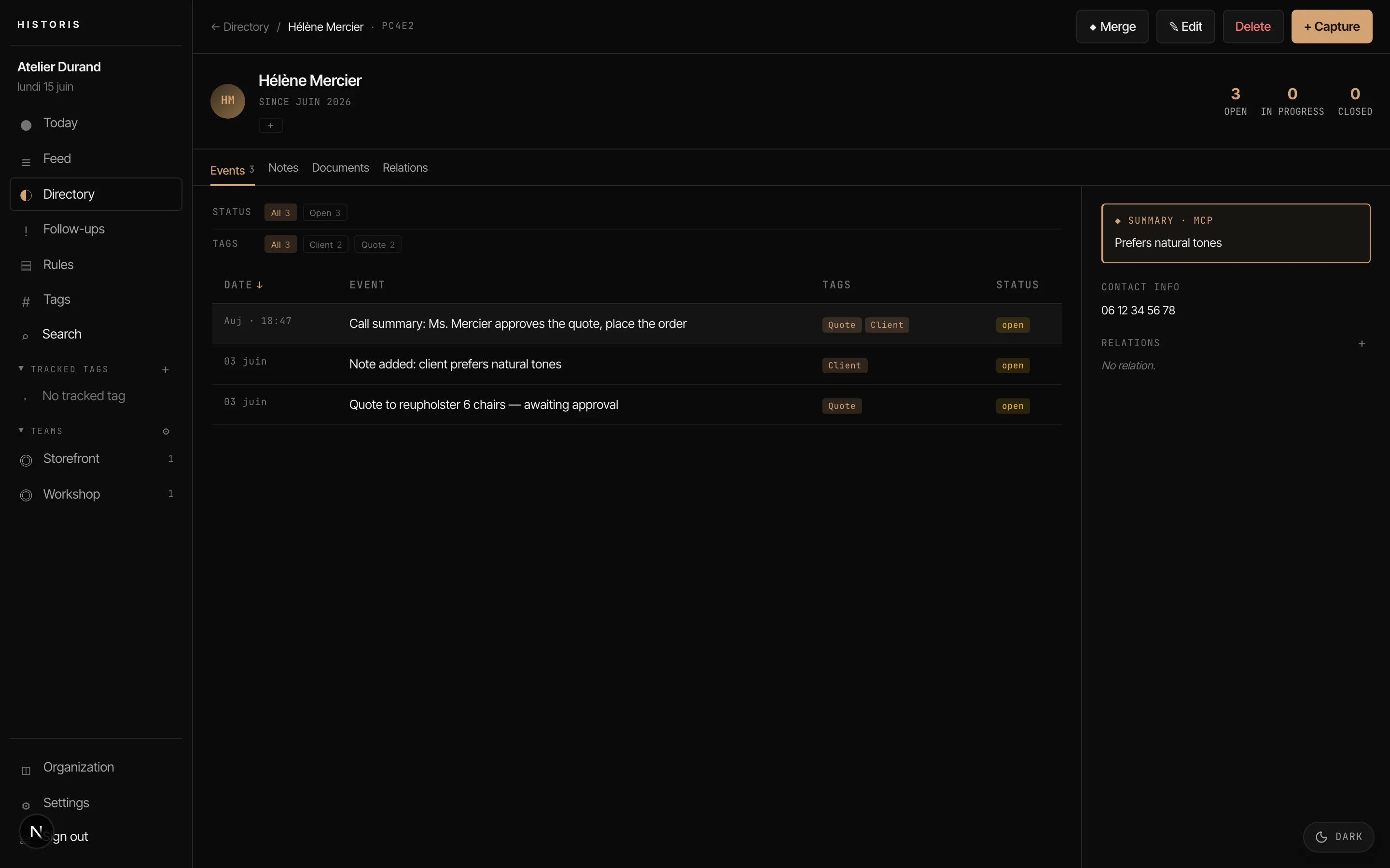 A contact's page in Historis: their whole history on one timeline — events, tags and an AI summary added via MCP.