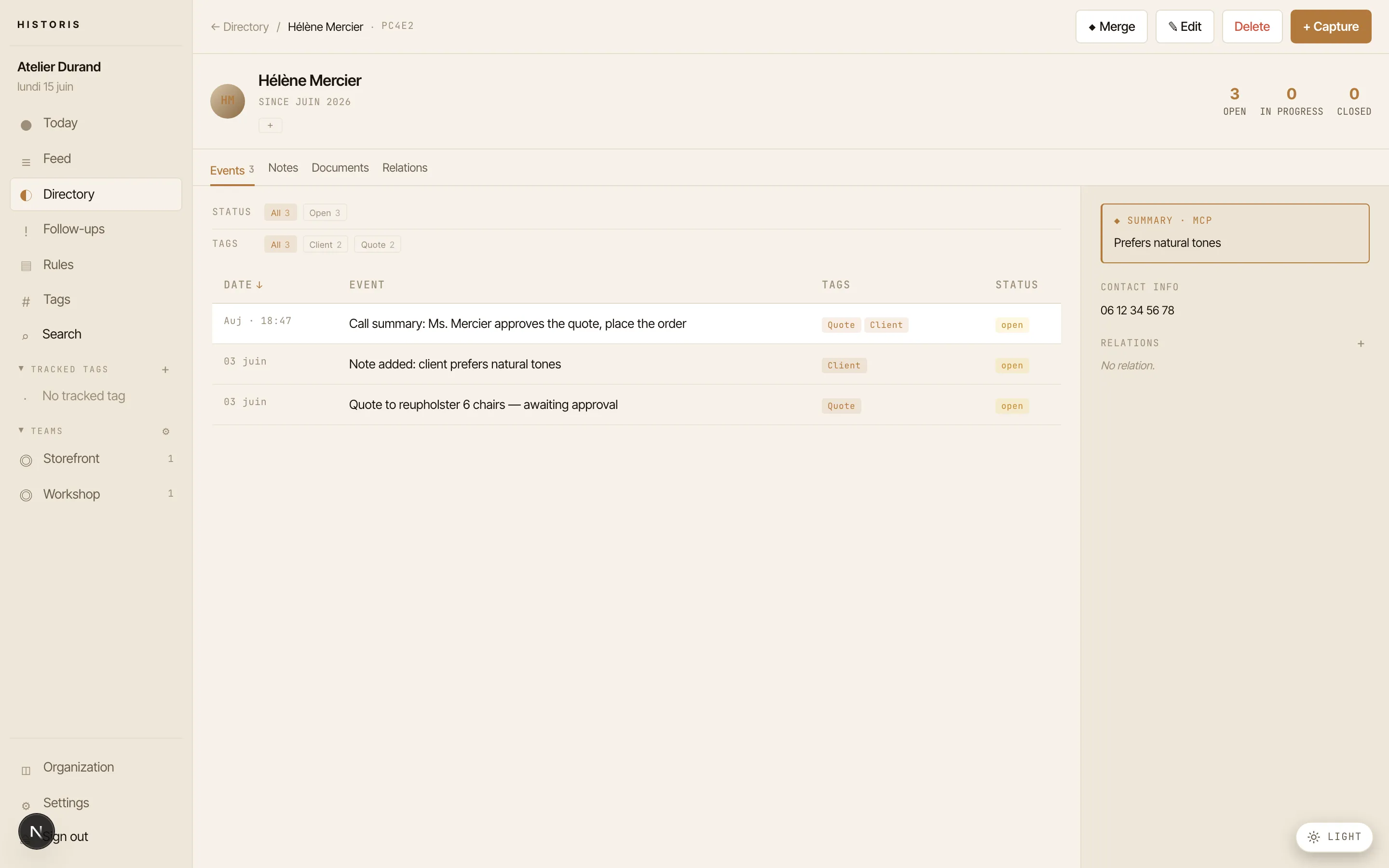 A contact's page in Historis: their whole history on one timeline — events, tags and an AI summary added via MCP.